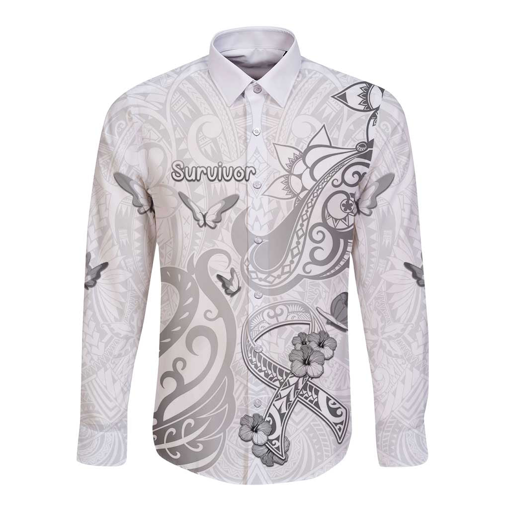 Personalised Brain Cancer Awareness Long Sleeve Button Shirt Ribbon Polynesian Pattern LT05 Unisex White - Polynesian Pride