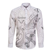 Personalised Brain Cancer Awareness Long Sleeve Button Shirt Ribbon Polynesian Pattern LT05 Unisex White - Polynesian Pride