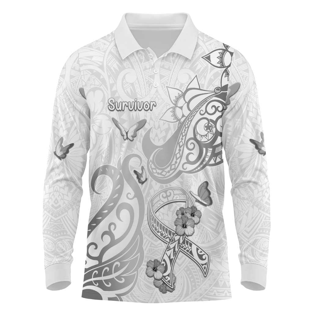 Personalised Brain Cancer Awareness Long Sleeve Polo Shirt Ribbon Polynesian Pattern