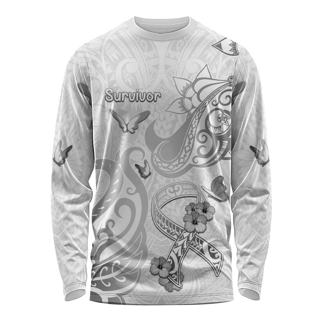 Personalised Brain Cancer Awareness Long Sleeve Shirt Ribbon Polynesian Pattern LT05 Unisex White - Polynesian Pride