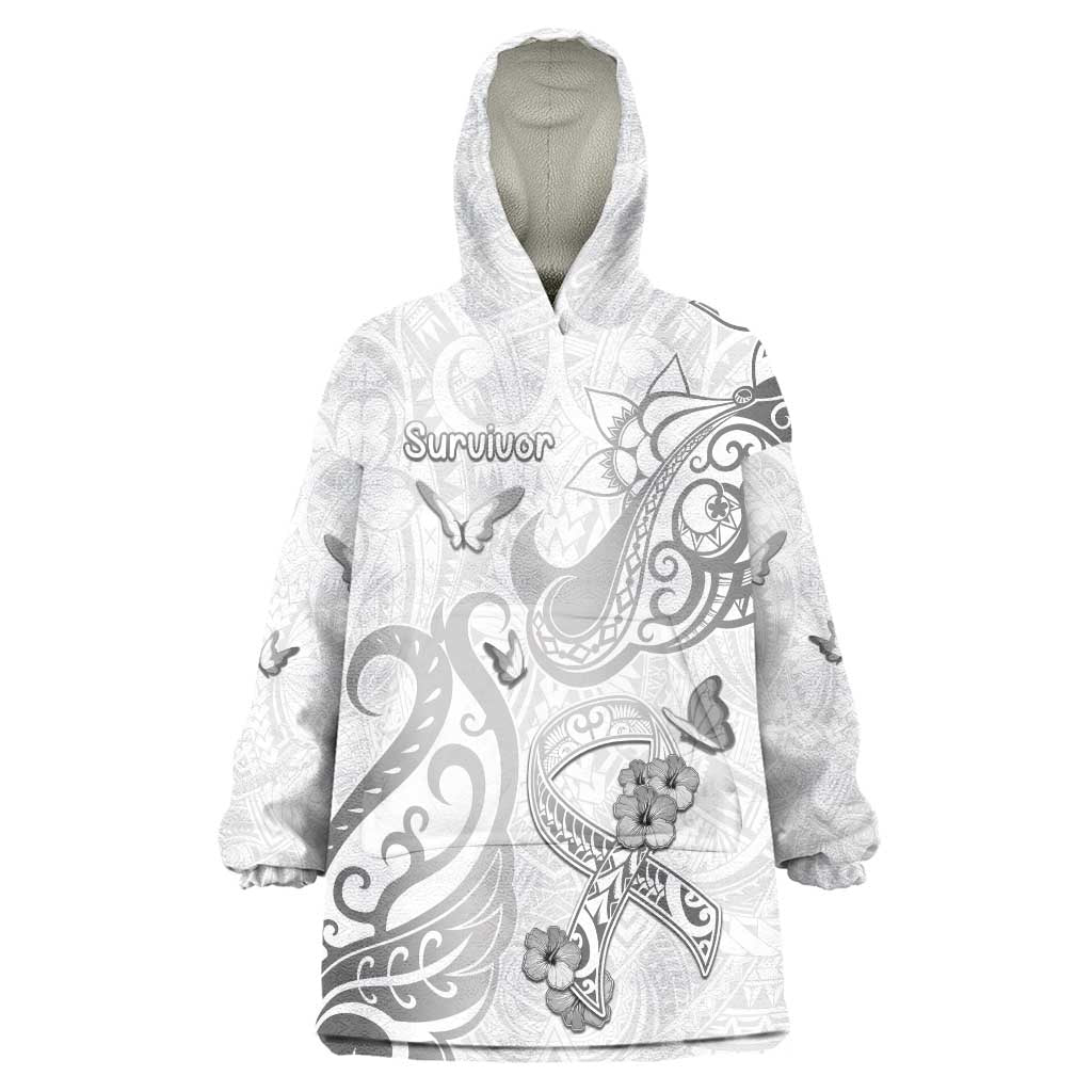 Personalised Brain Cancer Awareness Wearable Blanket Hoodie Ribbon Polynesian Pattern LT05 One Size White - Polynesian Pride