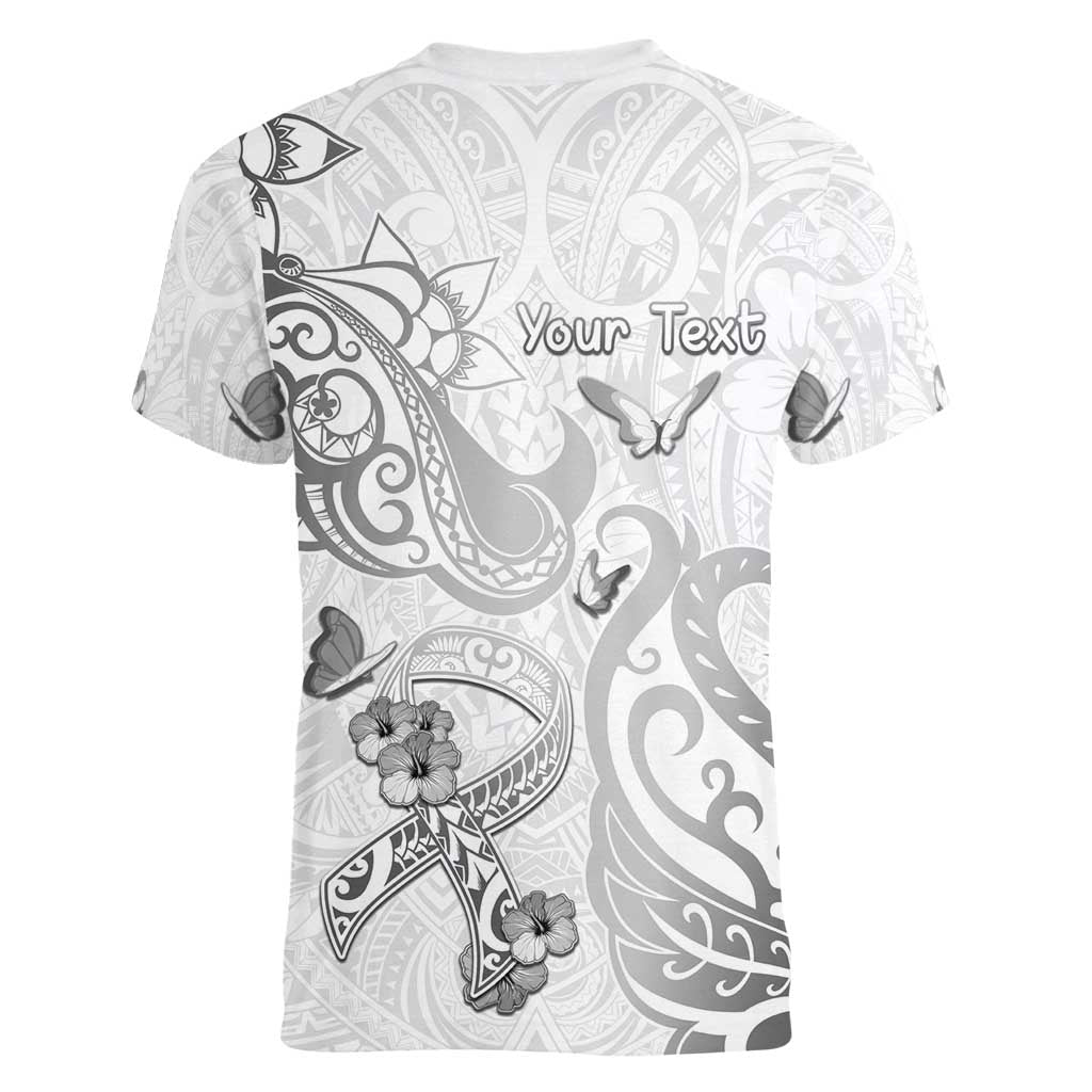 Personalised Brain Cancer Awareness Women V-Neck T-Shirt Ribbon Polynesian Pattern