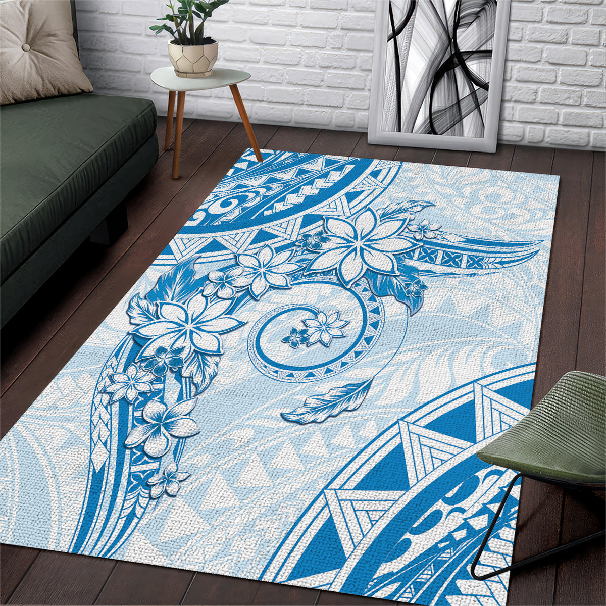 Polynesian Pattern With Plumeria Flowers Area Rug Blue