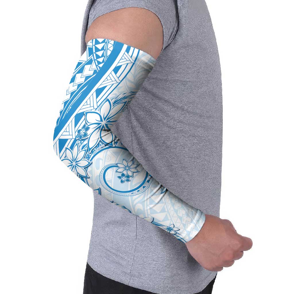 Polynesian Pattern With Plumeria Flowers Arm Sleeves Blue - Polynesian Pride