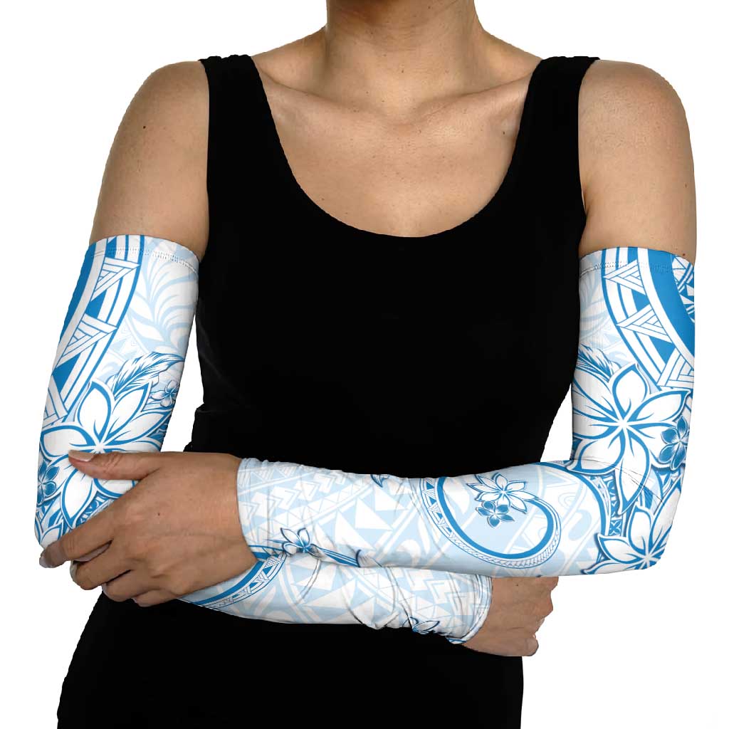 Polynesian Pattern With Plumeria Flowers Arm Sleeves Blue - Polynesian Pride