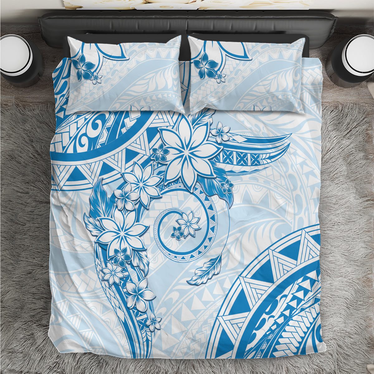 Polynesian Pattern With Plumeria Flowers Bedding Set Blue