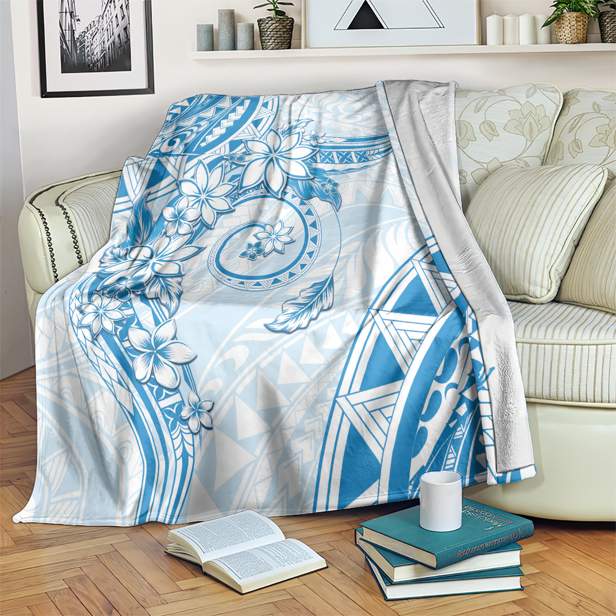 Polynesian Pattern With Plumeria Flowers Blanket Blue