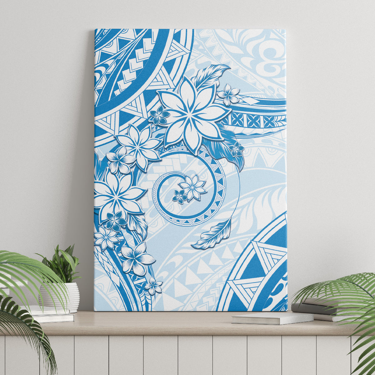 Polynesian Pattern With Plumeria Flowers Canvas Wall Art Blue LT05 - Polynesian Pride