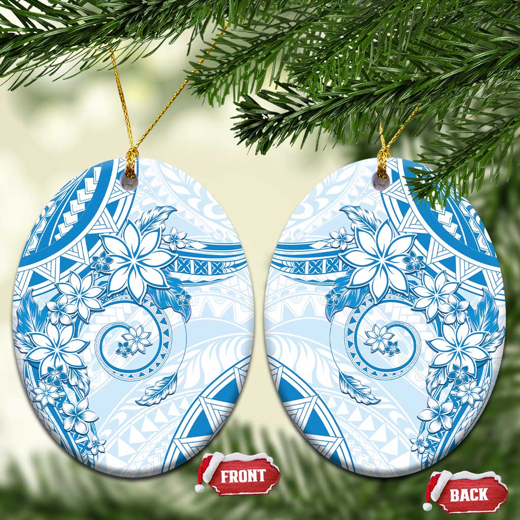 Polynesian Pattern With Plumeria Flowers Ceramic Ornament Blue LT05 Oval Blue - Polynesian Pride
