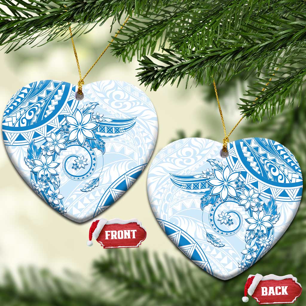 Polynesian Pattern With Plumeria Flowers Ceramic Ornament Blue LT05 Heart Blue - Polynesian Pride