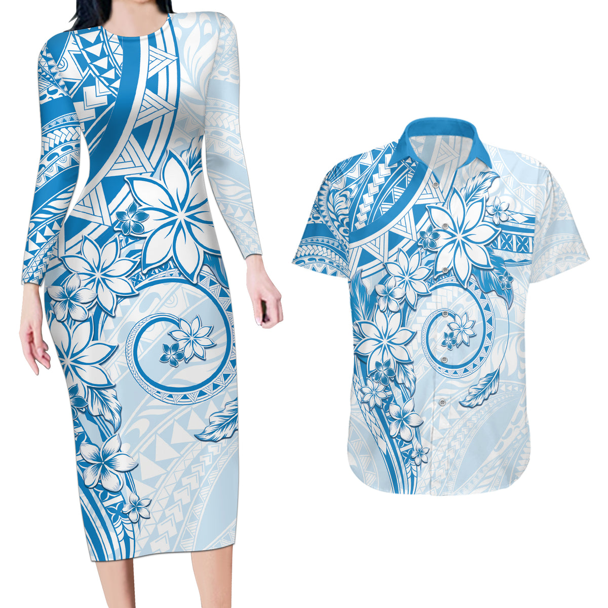 Polynesian Pattern With Plumeria Flowers Couples Matching Long Sleeve Bodycon Dress and Hawaiian Shirt Blue LT05 Blue - Polynesian Pride