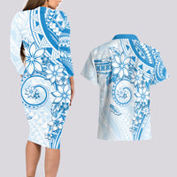 Polynesian Pattern With Plumeria Flowers Couples Matching Long Sleeve Bodycon Dress and Hawaiian Shirt Blue LT05 - Polynesian Pride