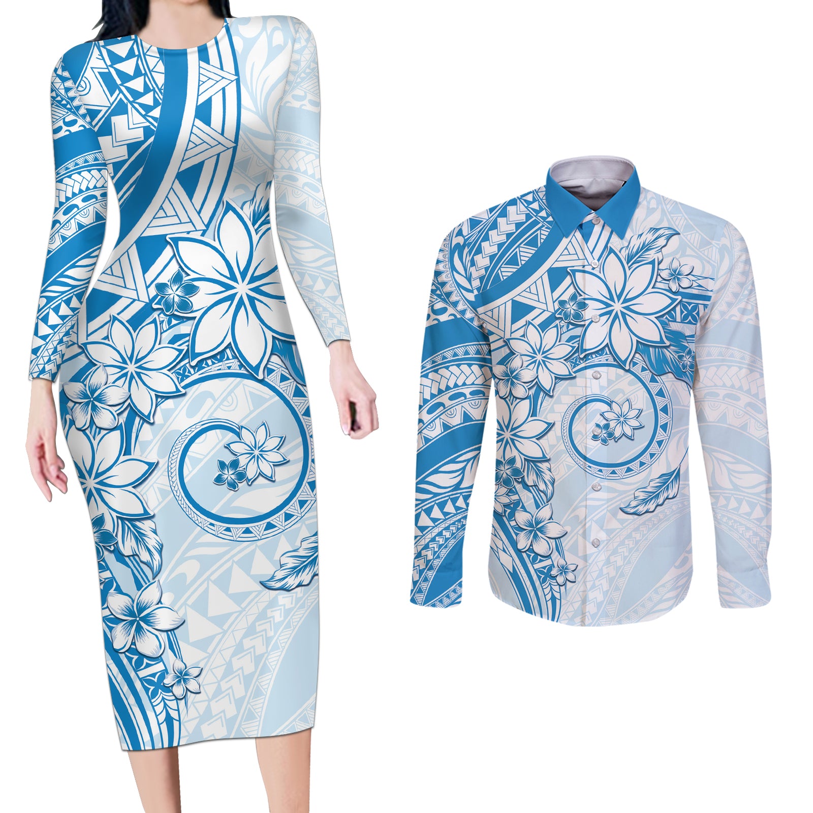 Polynesian Pattern With Plumeria Flowers Couples Matching Long Sleeve Bodycon Dress and Long Sleeve Button Shirt Blue LT05 Blue - Polynesian Pride