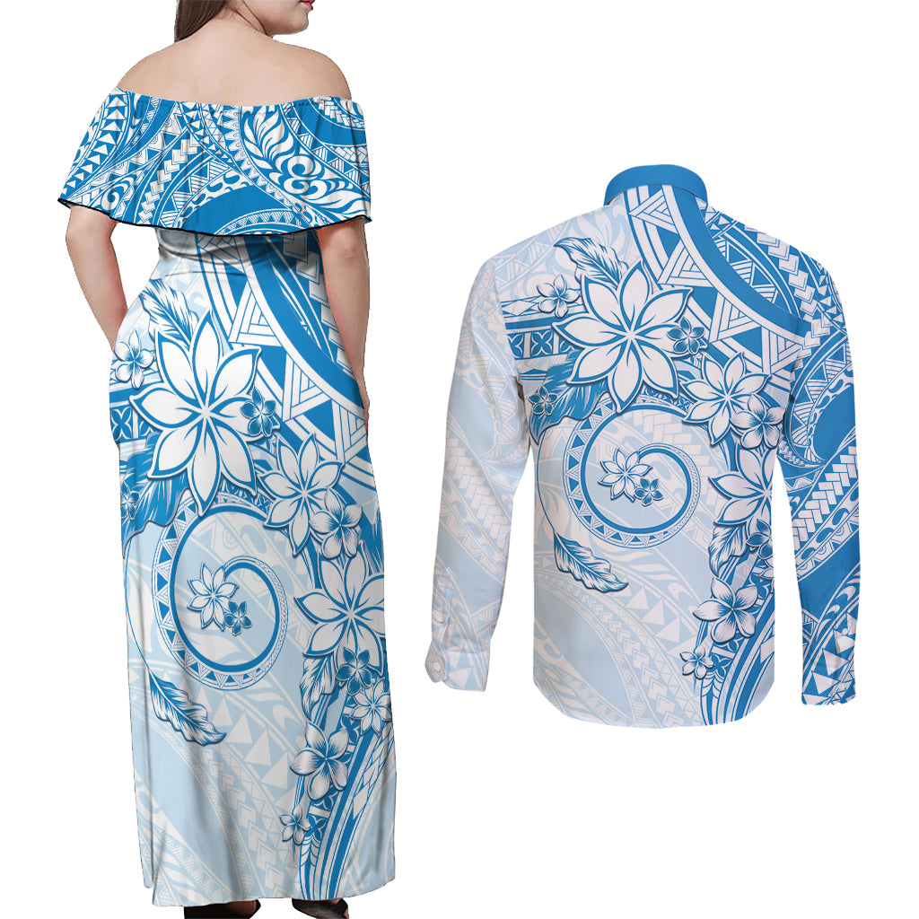 Polynesian Pattern With Plumeria Flowers Couples Matching Off Shoulder Maxi Dress and Long Sleeve Button Shirt Blue LT05 - Polynesian Pride