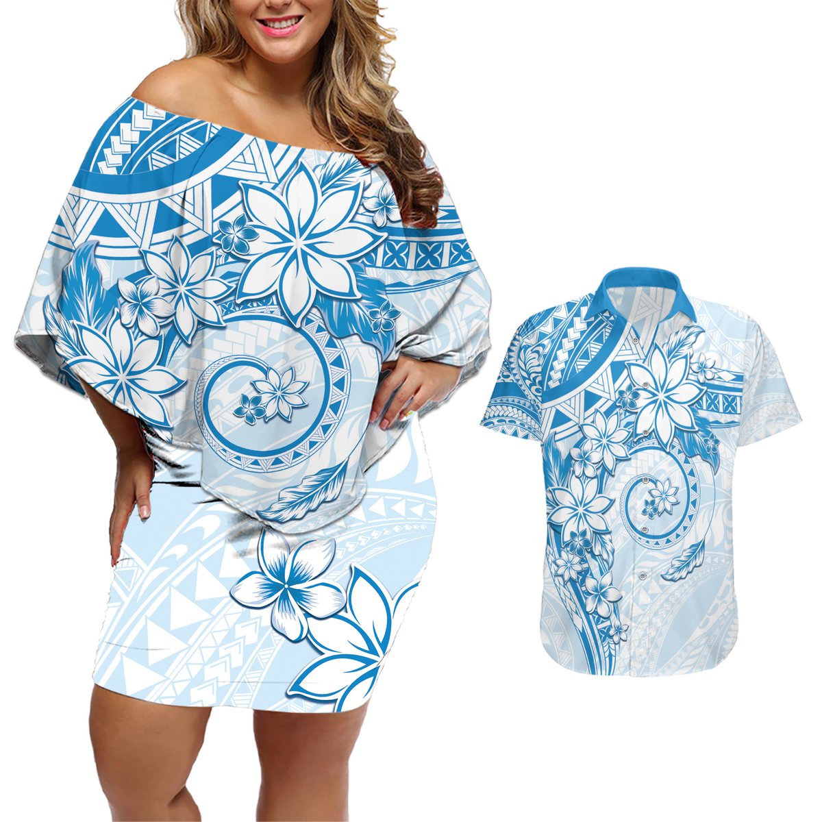 Polynesian Pattern With Plumeria Flowers Couples Matching Off Shoulder Short Dress and Hawaiian Shirt Blue LT05 Blue - Polynesian Pride