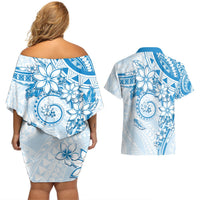 Polynesian Pattern With Plumeria Flowers Couples Matching Off Shoulder Short Dress and Hawaiian Shirt Blue