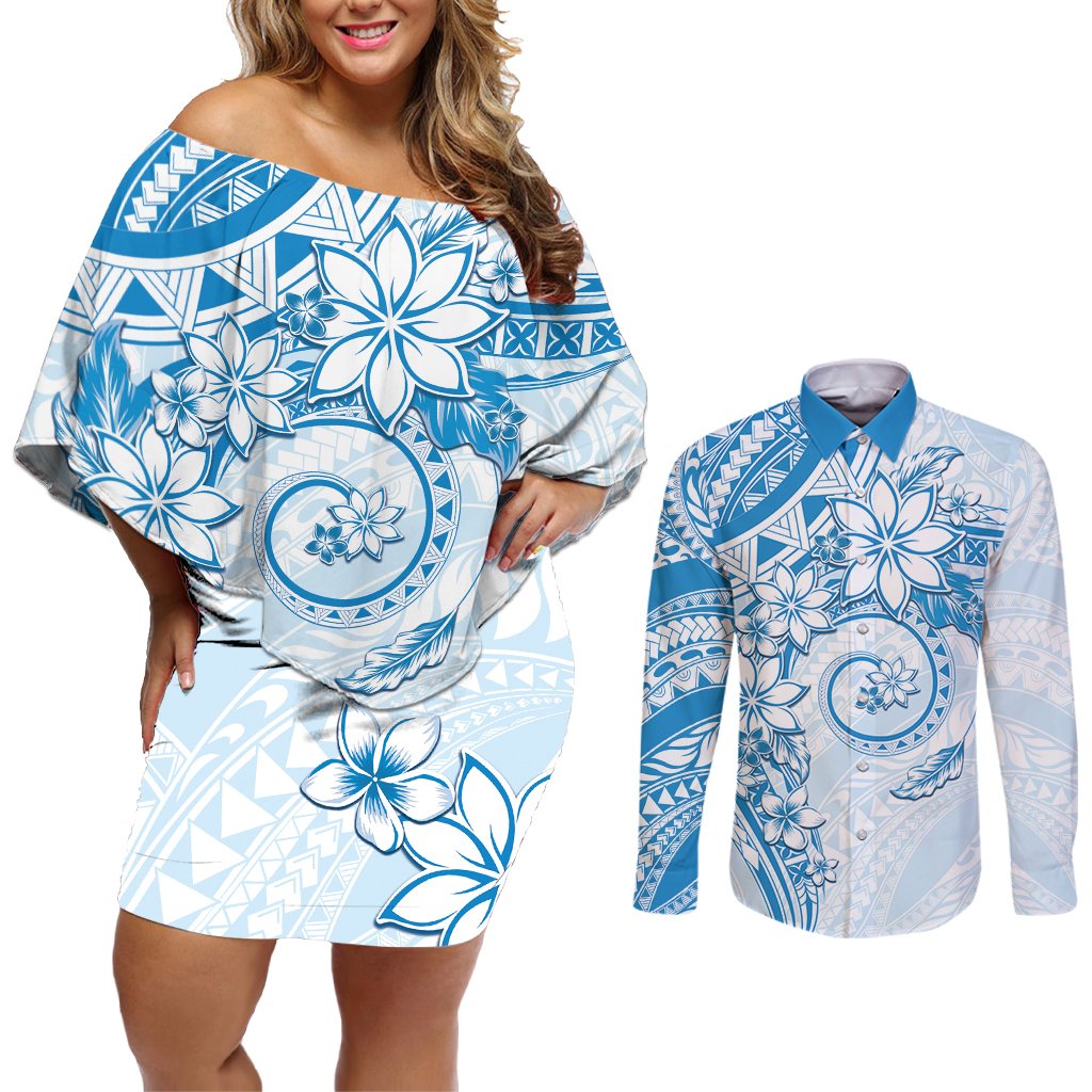 Polynesian Pattern With Plumeria Flowers Couples Matching Off Shoulder Short Dress and Long Sleeve Button Shirt Blue LT05 Blue - Polynesian Pride
