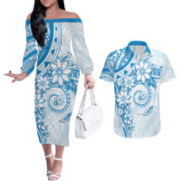 Polynesian Pattern With Plumeria Flowers Couples Matching Off The Shoulder Long Sleeve Dress and Hawaiian Shirt Blue LT05 Blue - Polynesian Pride