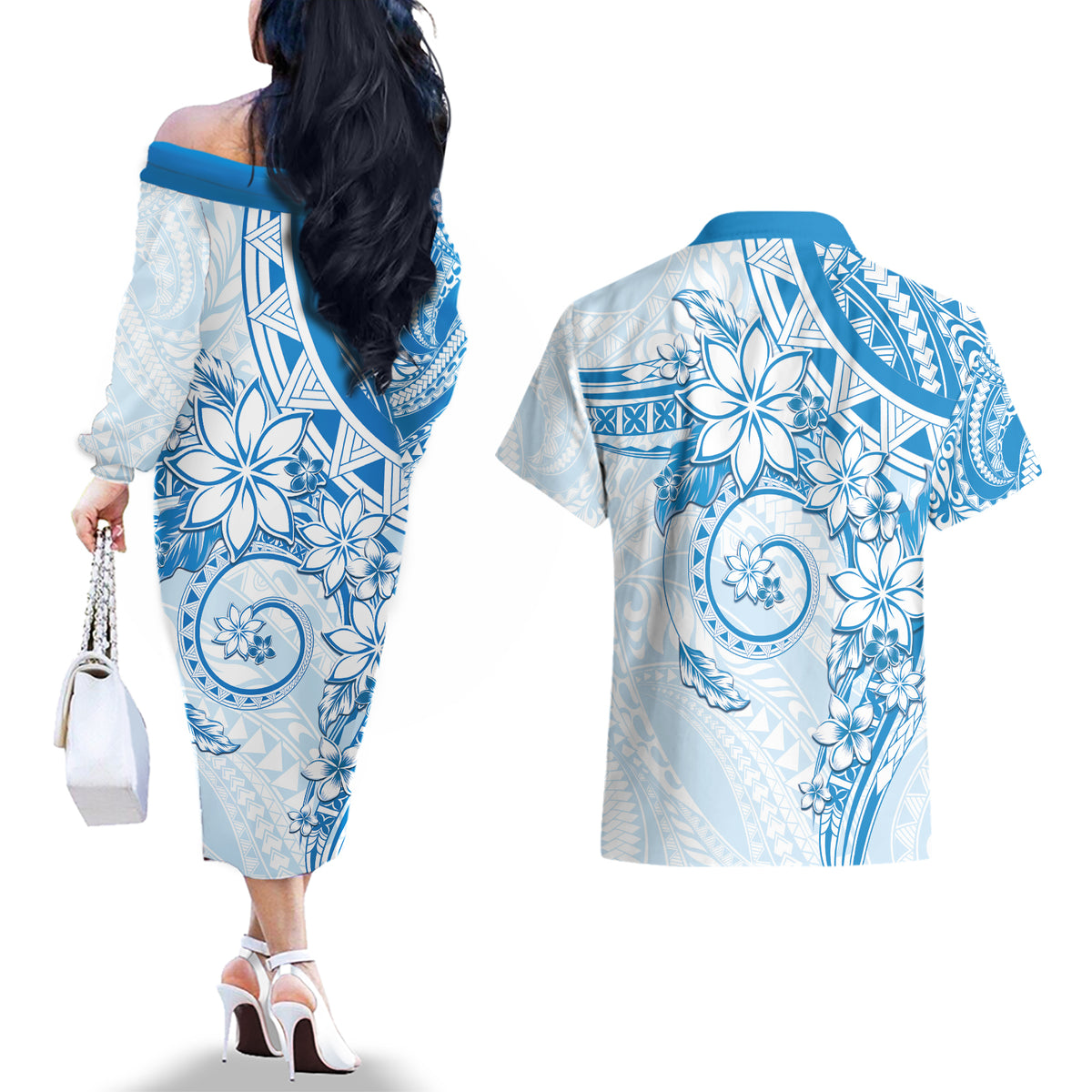 Polynesian Pattern With Plumeria Flowers Couples Matching Off The Shoulder Long Sleeve Dress and Hawaiian Shirt Blue LT05 - Polynesian Pride