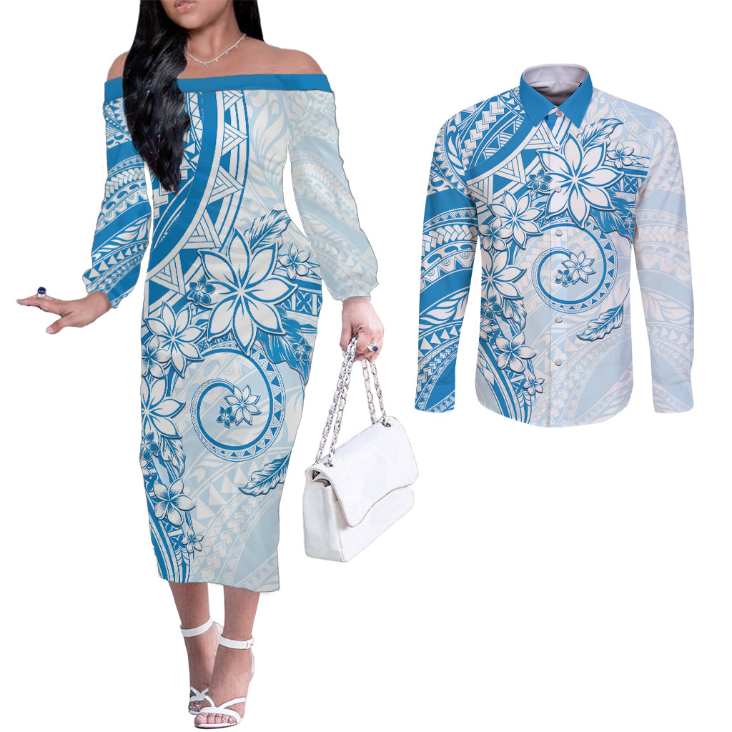 Polynesian Pattern With Plumeria Flowers Couples Matching Off The Shoulder Long Sleeve Dress and Long Sleeve Button Shirt Blue
