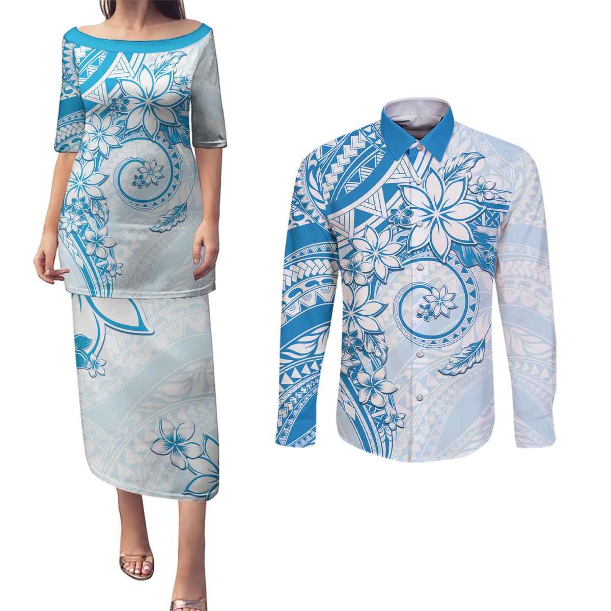 Polynesian Pattern With Plumeria Flowers Couples Matching Puletasi and Long Sleeve Button Shirt Blue LT05 Blue - Polynesian Pride