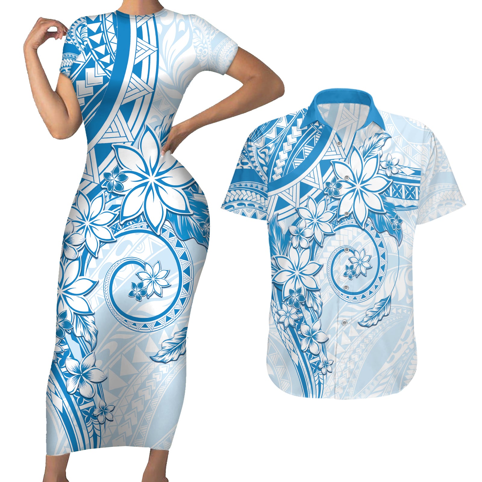 Polynesian Pattern With Plumeria Flowers Couples Matching Short Sleeve Bodycon Dress and Hawaiian Shirt Blue LT05 Blue - Polynesian Pride