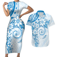 Polynesian Pattern With Plumeria Flowers Couples Matching Short Sleeve Bodycon Dress and Hawaiian Shirt Blue LT05 Blue - Polynesian Pride