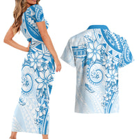 Polynesian Pattern With Plumeria Flowers Couples Matching Short Sleeve Bodycon Dress and Hawaiian Shirt Blue LT05 - Polynesian Pride