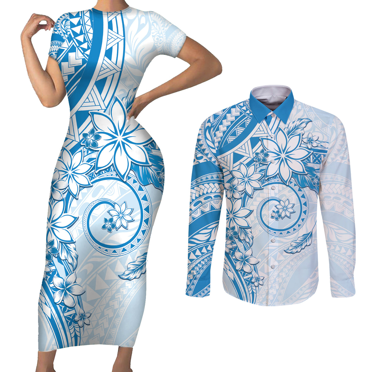 Polynesian Pattern With Plumeria Flowers Couples Matching Short Sleeve Bodycon Dress and Long Sleeve Button Shirt Blue LT05 Blue - Polynesian Pride