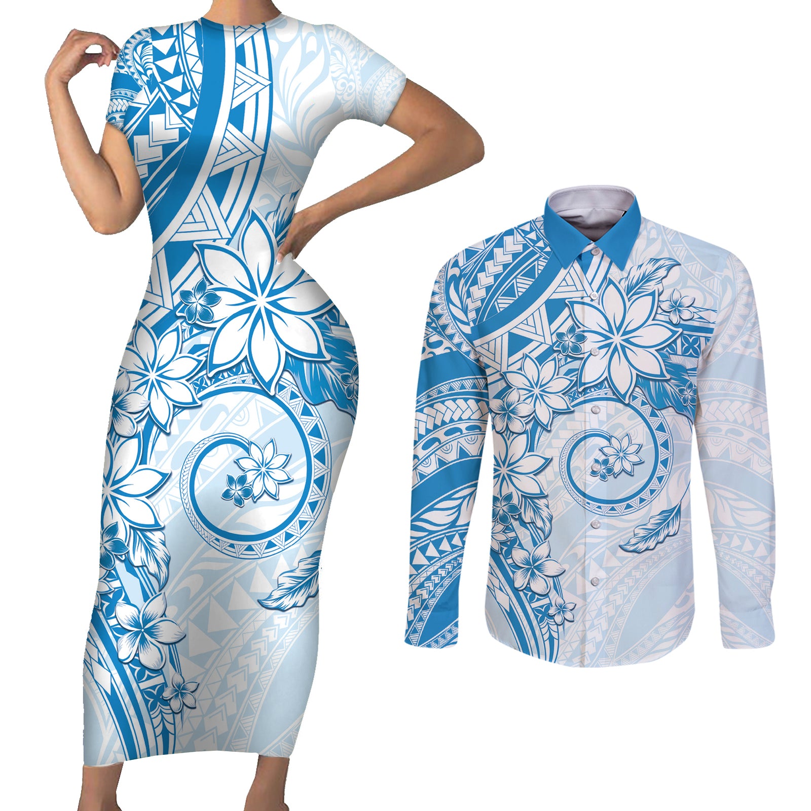 Polynesian Pattern With Plumeria Flowers Couples Matching Short Sleeve Bodycon Dress and Long Sleeve Button Shirt Blue LT05 Blue - Polynesian Pride