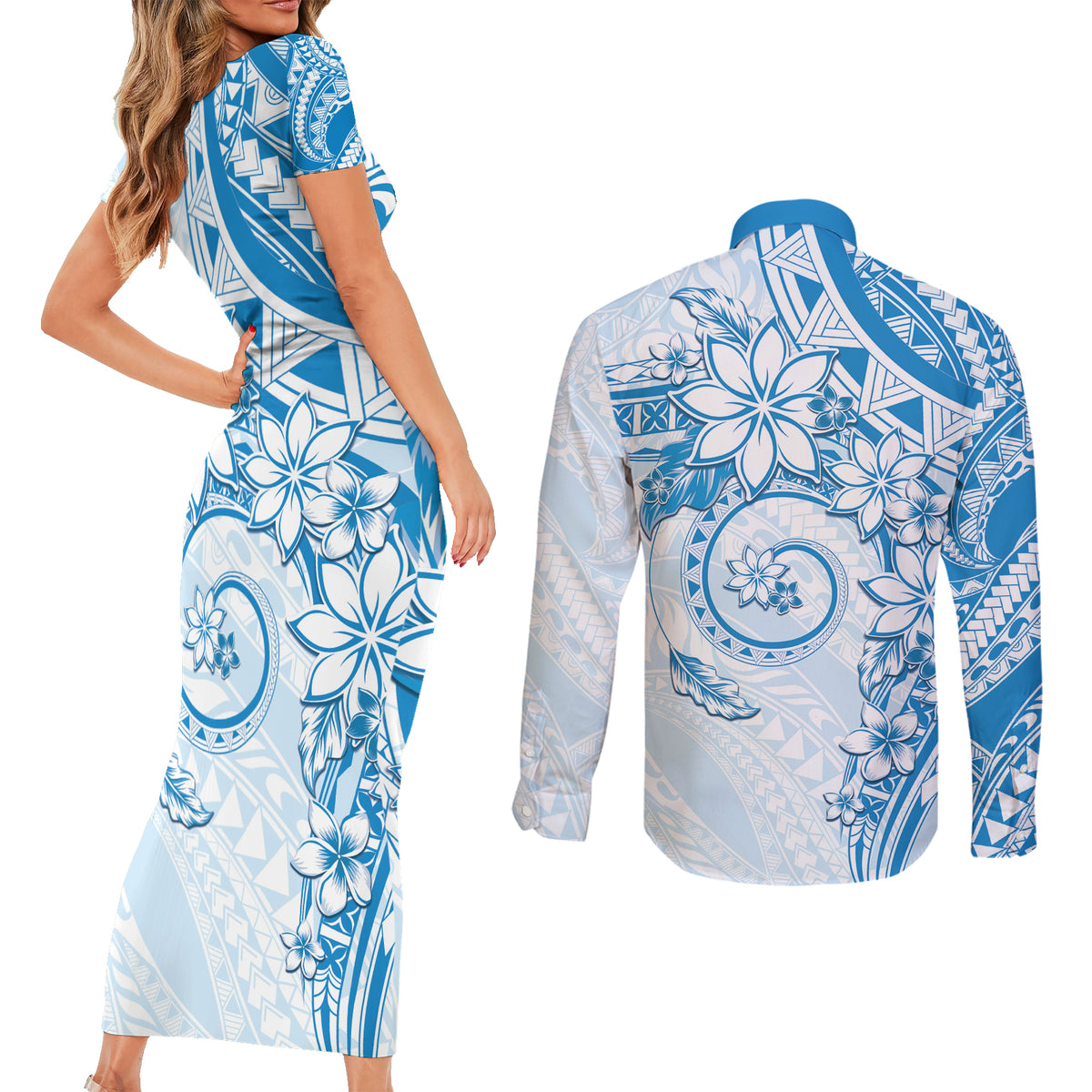 Polynesian Pattern With Plumeria Flowers Couples Matching Short Sleeve Bodycon Dress and Long Sleeve Button Shirt Blue LT05 - Polynesian Pride