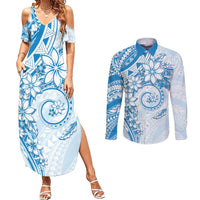 Polynesian Pattern With Plumeria Flowers Couples Matching Summer Maxi Dress and Long Sleeve Button Shirt Blue LT05 Blue - Polynesian Pride