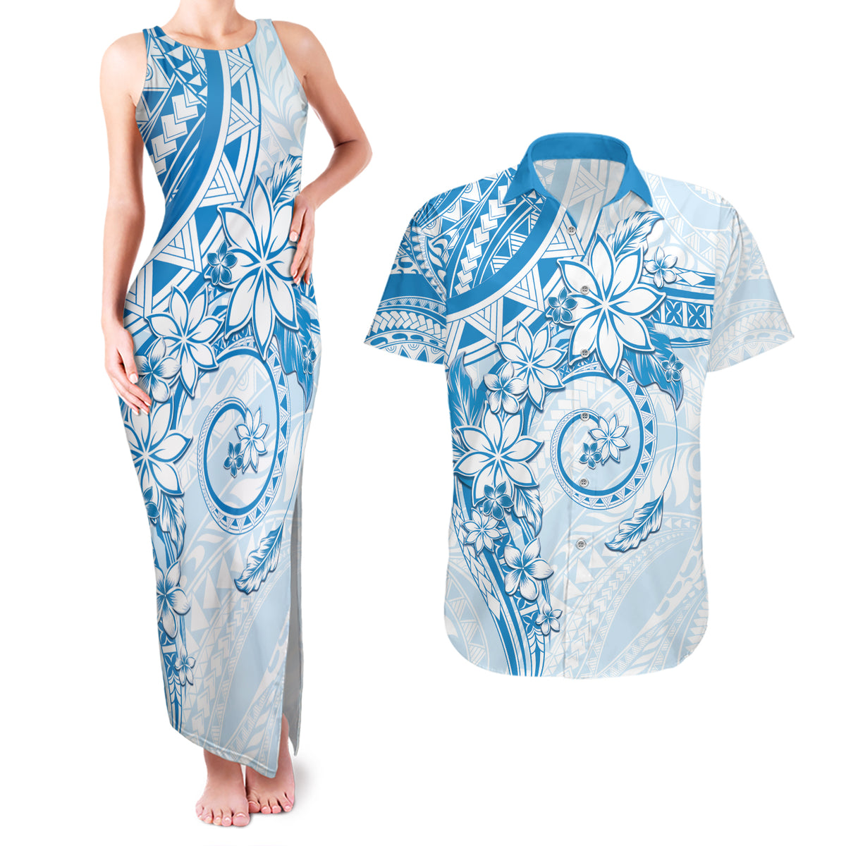 Polynesian Pattern With Plumeria Flowers Couples Matching Tank Maxi Dress and Hawaiian Shirt Blue