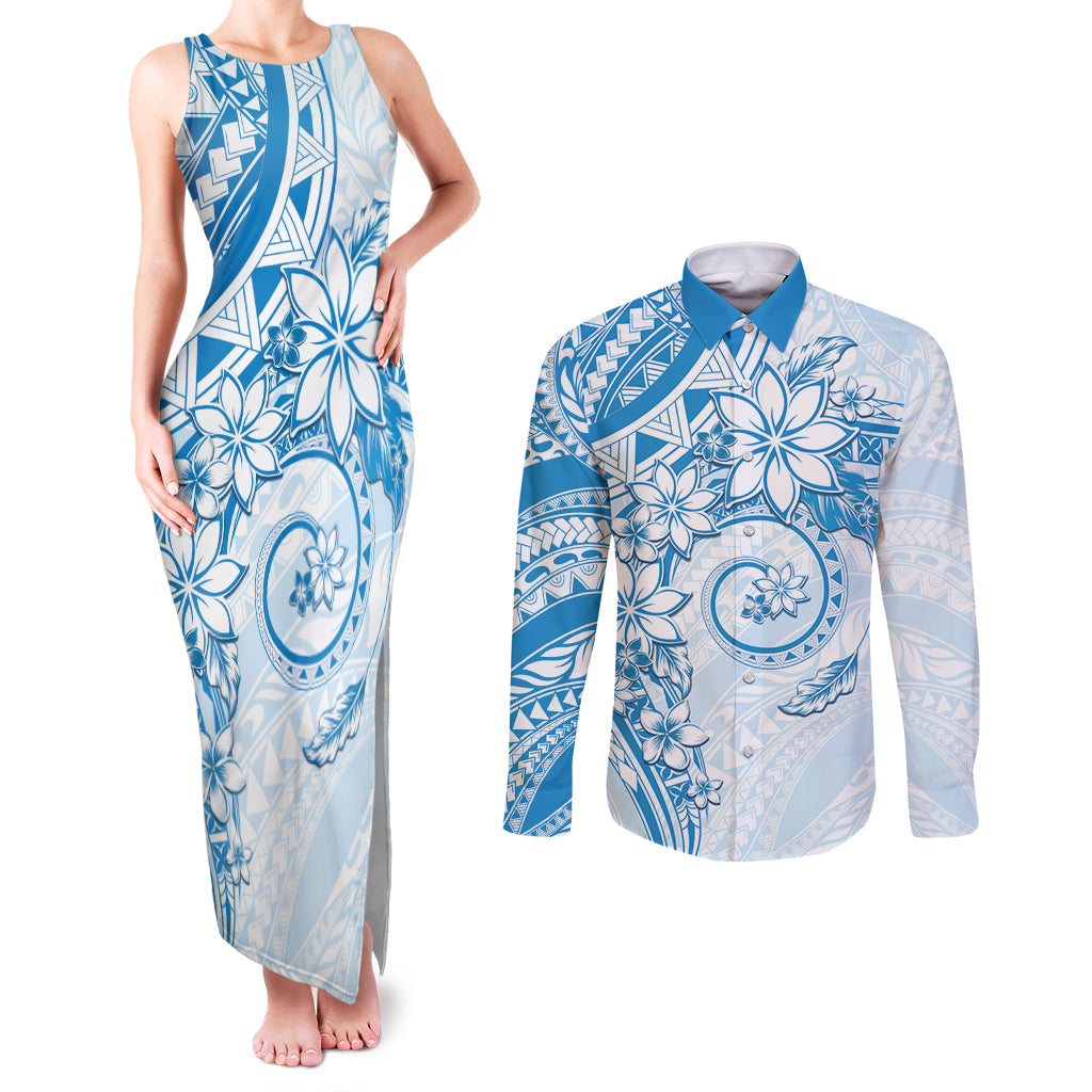 Polynesian Pattern With Plumeria Flowers Couples Matching Tank Maxi Dress and Long Sleeve Button Shirt Blue LT05 Blue - Polynesian Pride