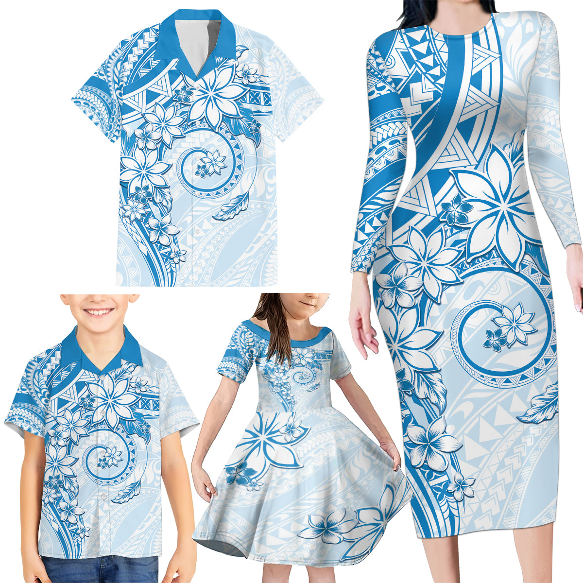 Polynesian Pattern With Plumeria Flowers Family Matching Long Sleeve Bodycon Dress and Hawaiian Shirt Blue