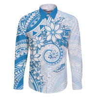Polynesian Pattern With Plumeria Flowers Family Matching Long Sleeve Bodycon Dress and Hawaiian Shirt Blue