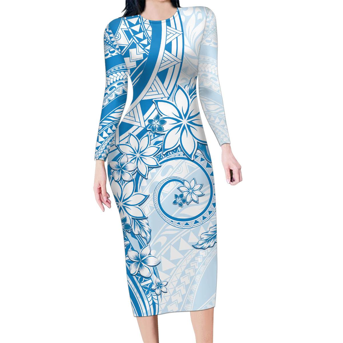 Polynesian Pattern With Plumeria Flowers Family Matching Long Sleeve Bodycon Dress and Hawaiian Shirt Blue