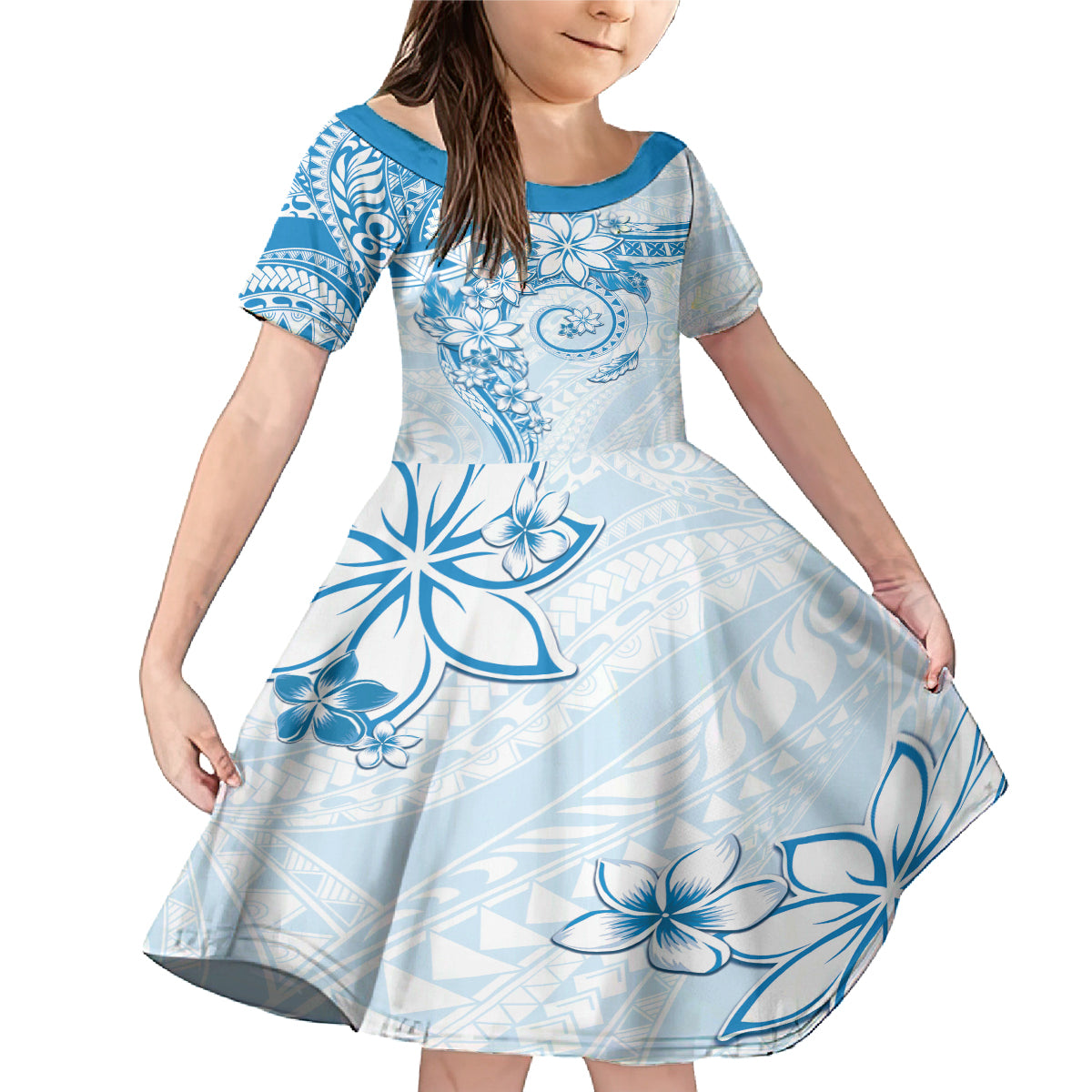 Polynesian Pattern With Plumeria Flowers Family Matching Mermaid Dress and Hawaiian Shirt Blue