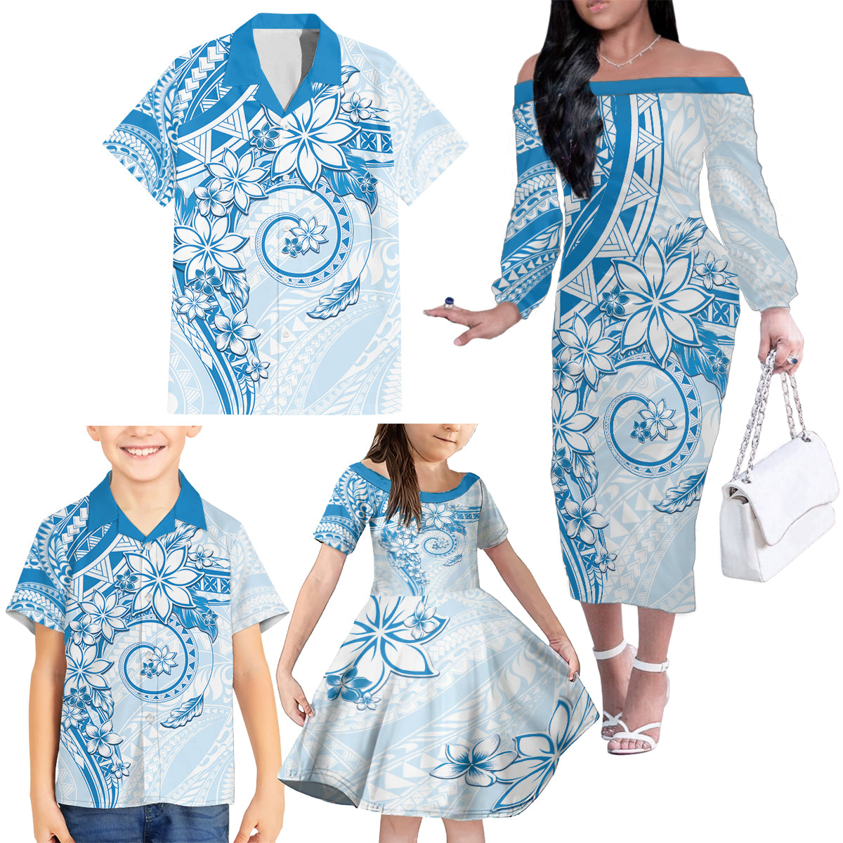 Polynesian Pattern With Plumeria Flowers Family Matching Off The Shoulder Long Sleeve Dress and Hawaiian Shirt Blue