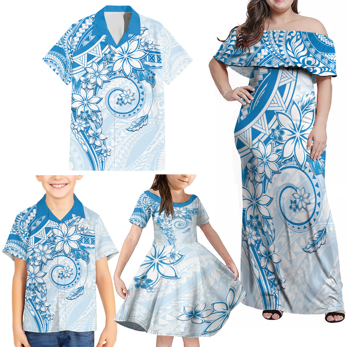 Polynesian Pattern With Plumeria Flowers Family Matching Off Shoulder Maxi Dress and Hawaiian Shirt Blue