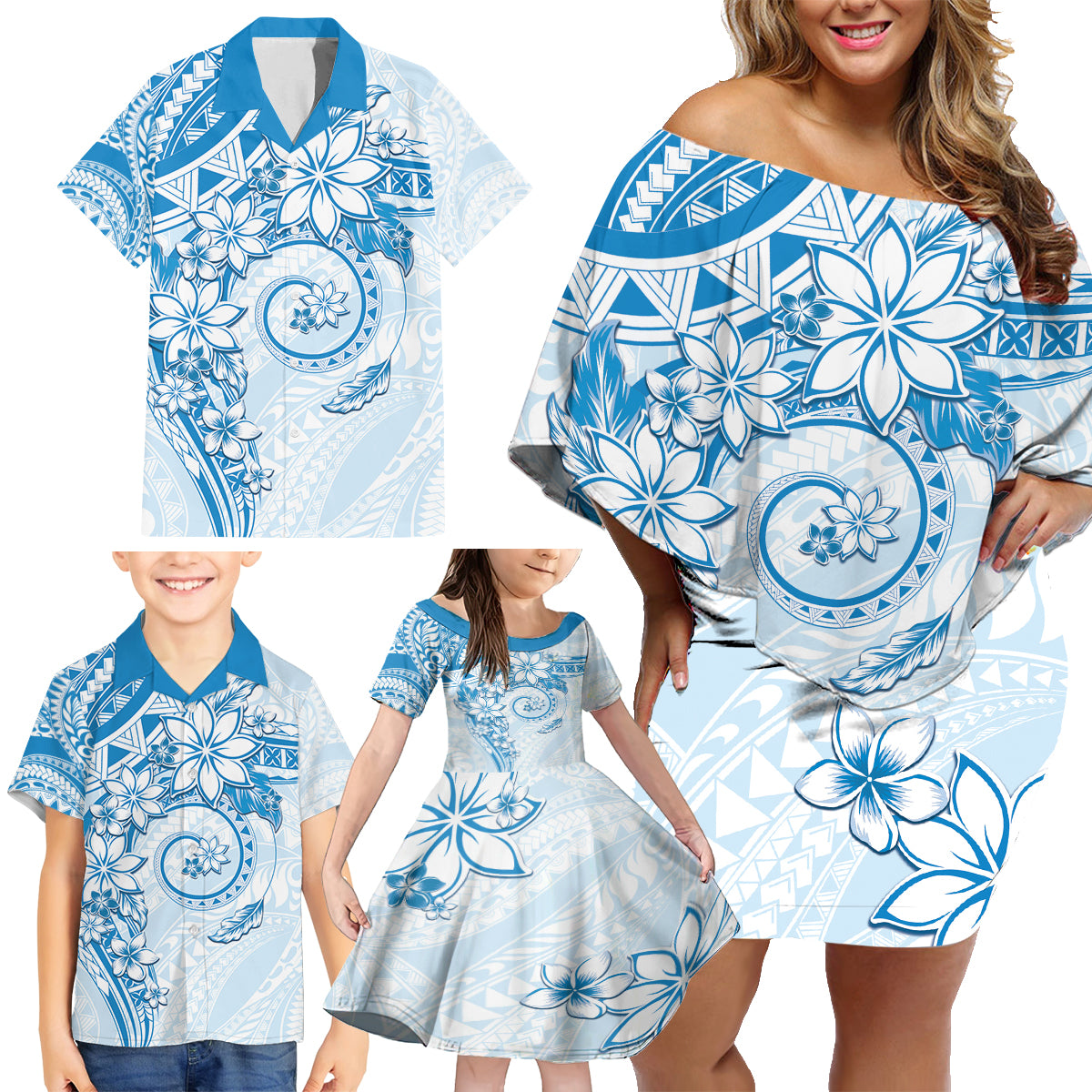 Polynesian Pattern With Plumeria Flowers Family Matching Off Shoulder Short Dress and Hawaiian Shirt Blue LT05 - Polynesian Pride