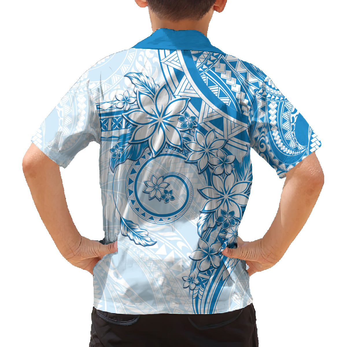 Polynesian Pattern With Plumeria Flowers Family Matching Puletasi and Hawaiian Shirt Blue LT05 - Polynesian Pride