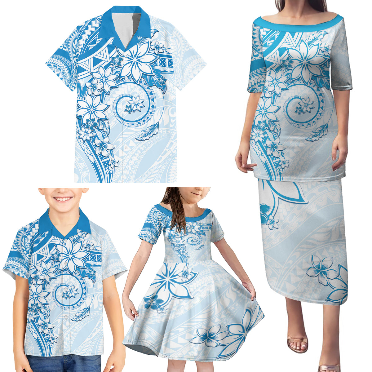 Polynesian Pattern With Plumeria Flowers Family Matching Puletasi and Hawaiian Shirt Blue LT05 - Polynesian Pride