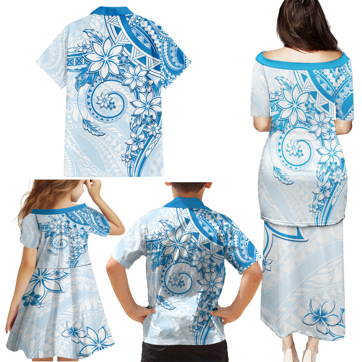 Polynesian Pattern With Plumeria Flowers Family Matching Puletasi and Hawaiian Shirt Blue LT05 - Polynesian Pride