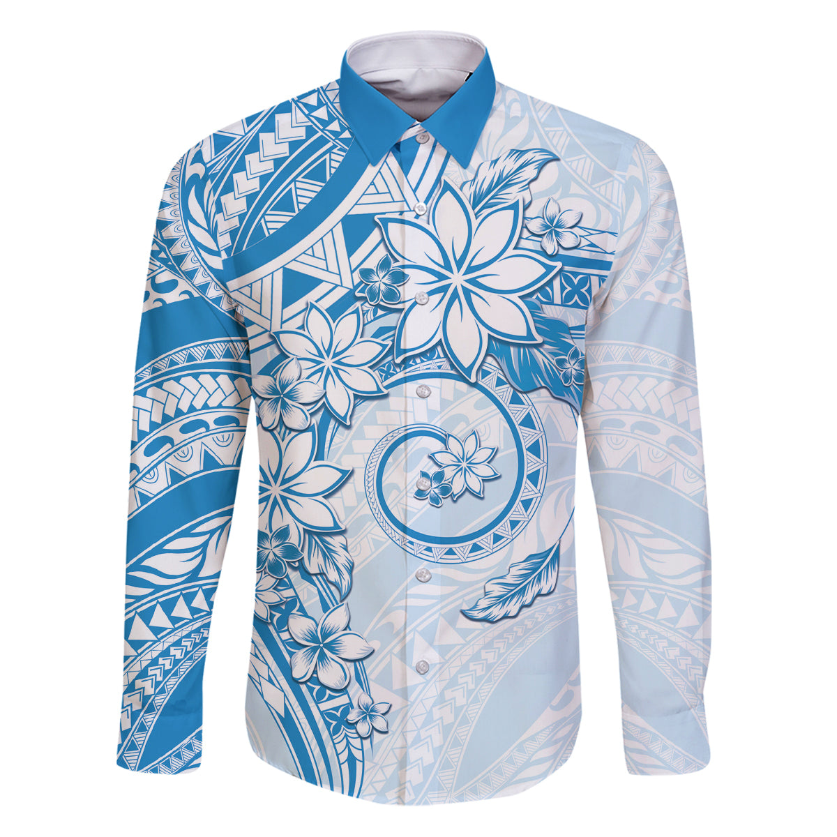 Polynesian Pattern With Plumeria Flowers Family Matching Puletasi and Hawaiian Shirt Blue LT05 Dad's Shirt - Long Sleeve Blue - Polynesian Pride