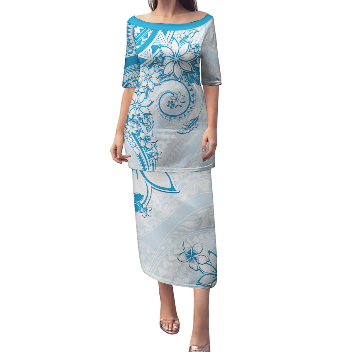 Polynesian Pattern With Plumeria Flowers Family Matching Puletasi and Hawaiian Shirt Blue LT05 Mom's Dress Blue - Polynesian Pride