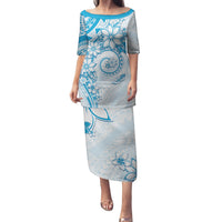 Polynesian Pattern With Plumeria Flowers Family Matching Puletasi and Hawaiian Shirt Blue LT05 Mom's Dress Blue - Polynesian Pride