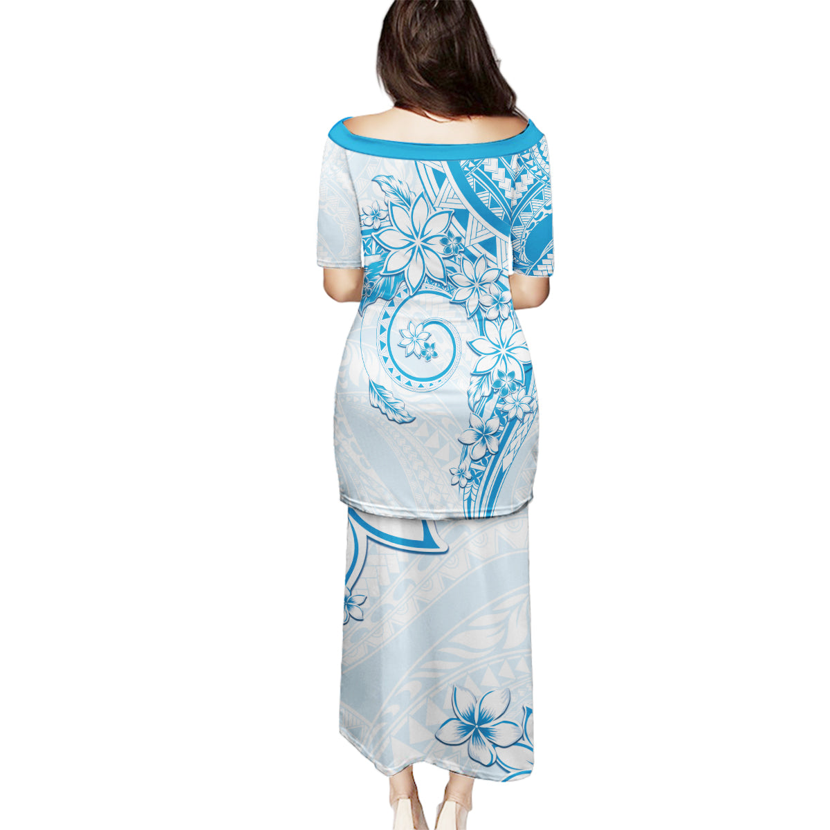 Polynesian Pattern With Plumeria Flowers Family Matching Puletasi and Hawaiian Shirt Blue LT05 - Polynesian Pride