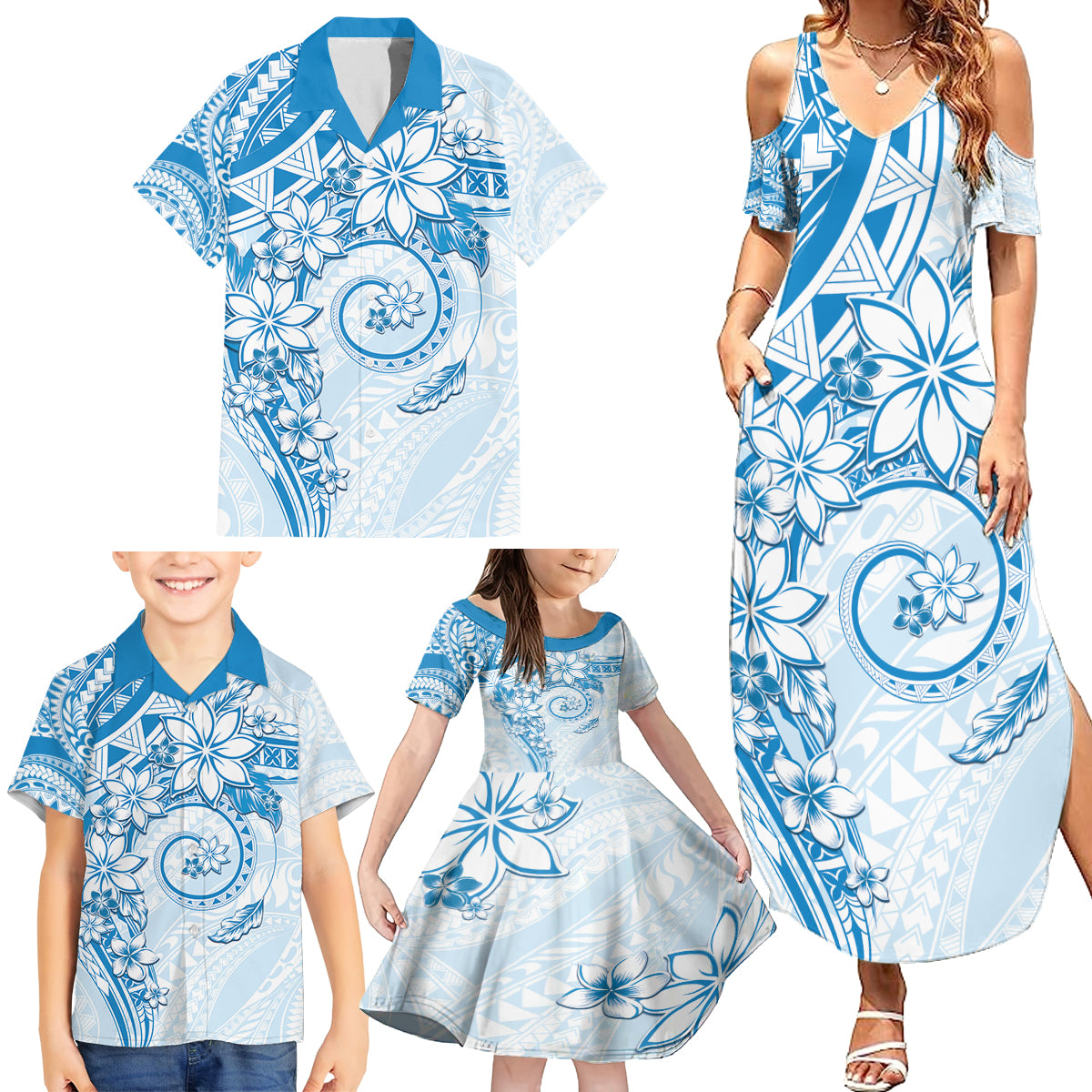 Polynesian Pattern With Plumeria Flowers Family Matching Summer Maxi Dress and Hawaiian Shirt Blue