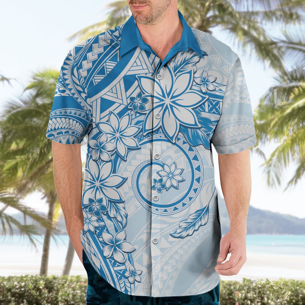 Polynesian Pattern With Plumeria Flowers Hawaiian Shirt Blue LT05 - Polynesian Pride